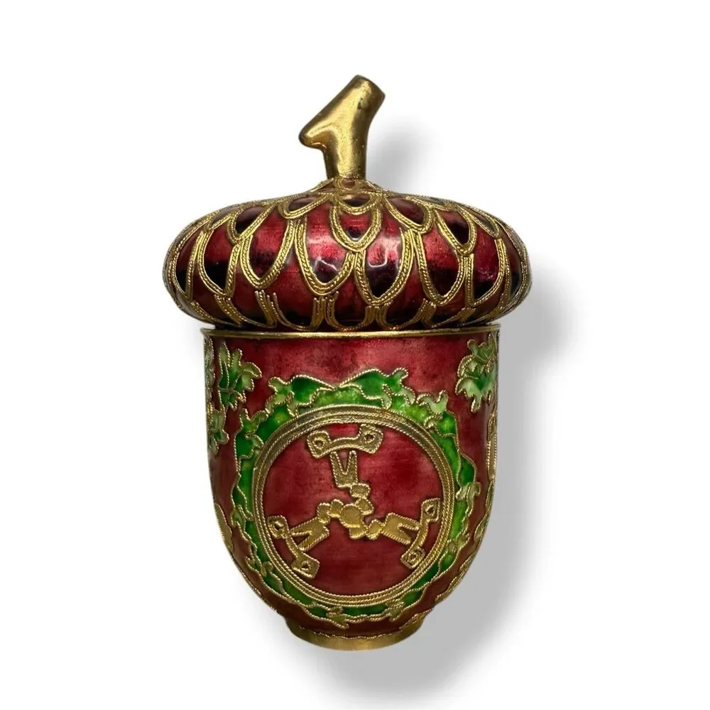 Vintage Cloisonné Enamel Acorn Trinket Box Decorated Jar Burgundy & Gold‎